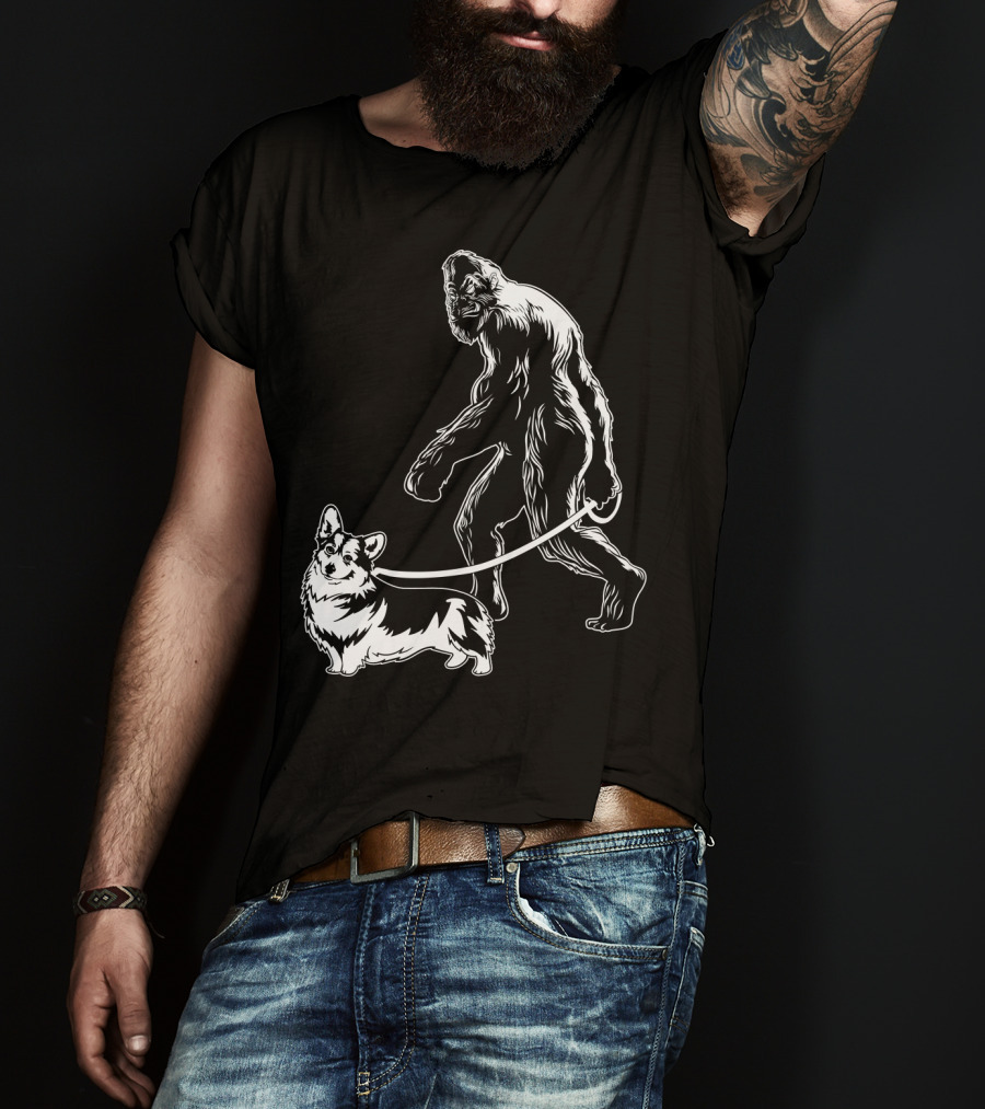 Bigfoot Walking Corgi Dog T-Shirt