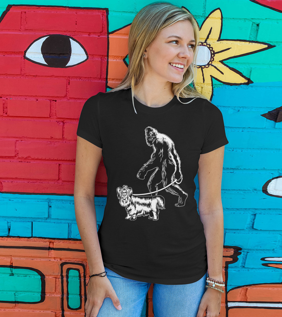 Bigfoot Walking A Yorkie Dog T-Shirt