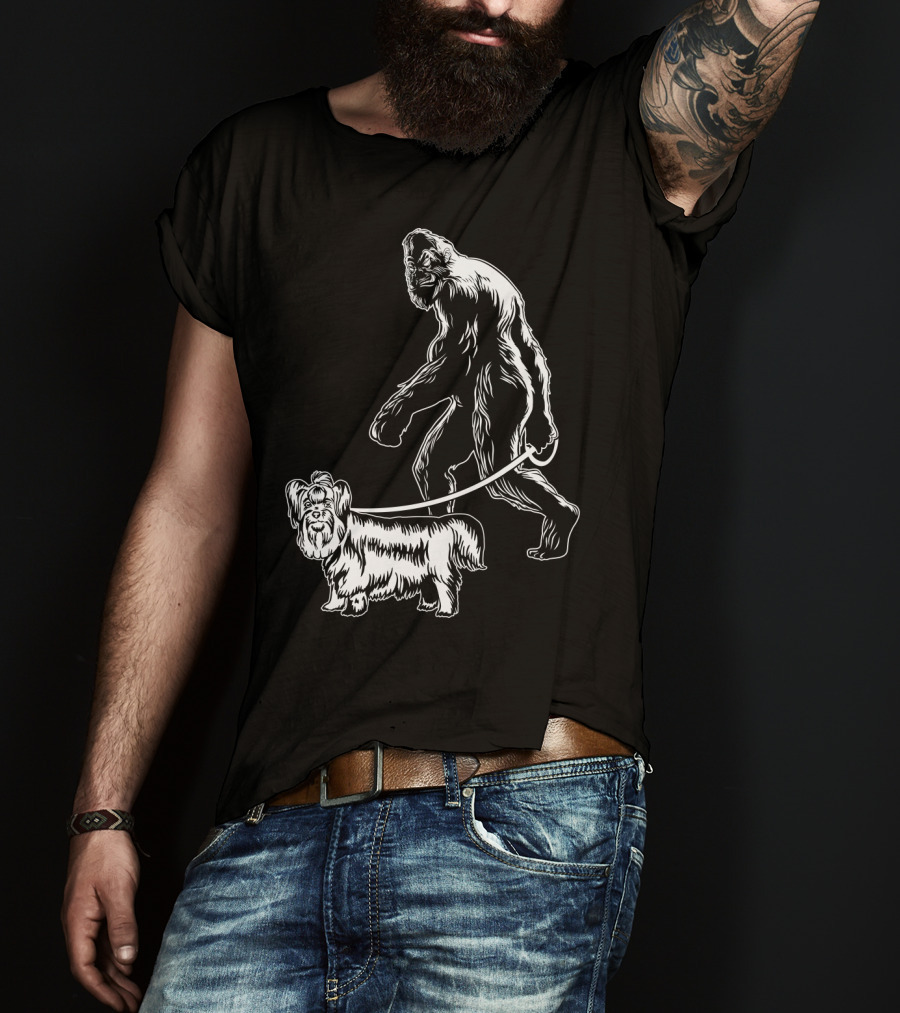 Bigfoot Walking A Yorkie Dog T-Shirt
