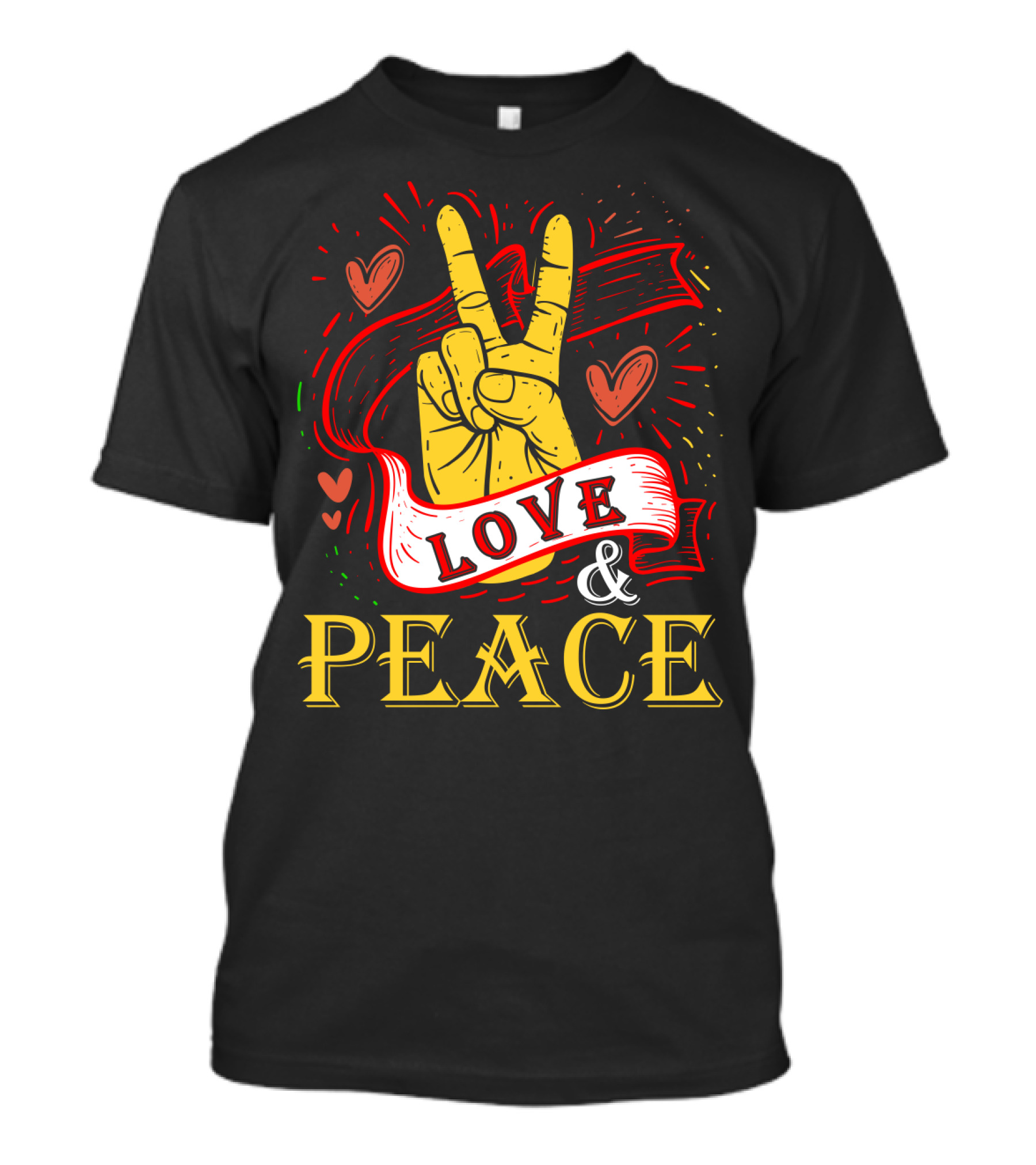 LOVE And PEACE Hand Gesture With Hearts And Banner T-Shirt