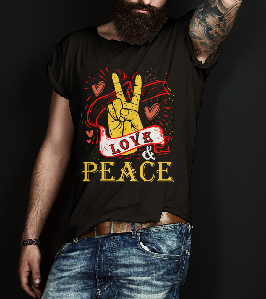 LOVE And PEACE Hand Gesture With Hearts And Banner T-Shirt