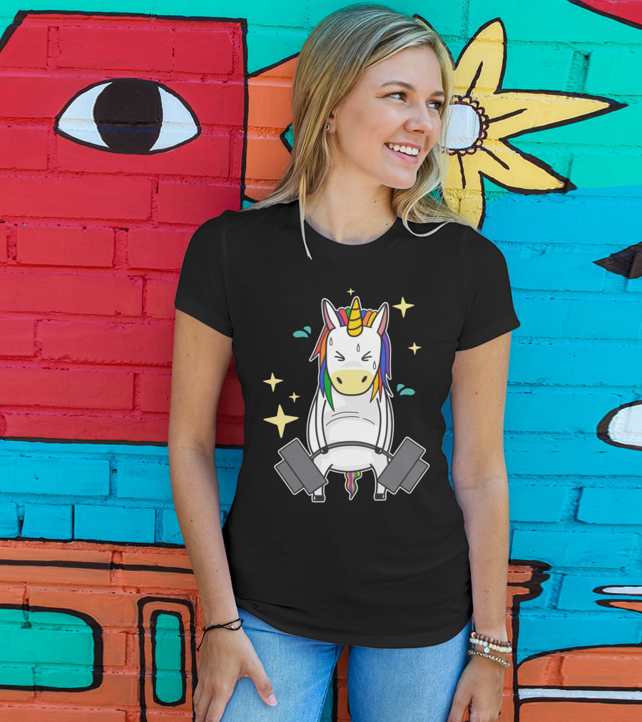 Unicorn Weightlifting Fitness Gym Sweat Rainbow Mane Stars T-Shirt