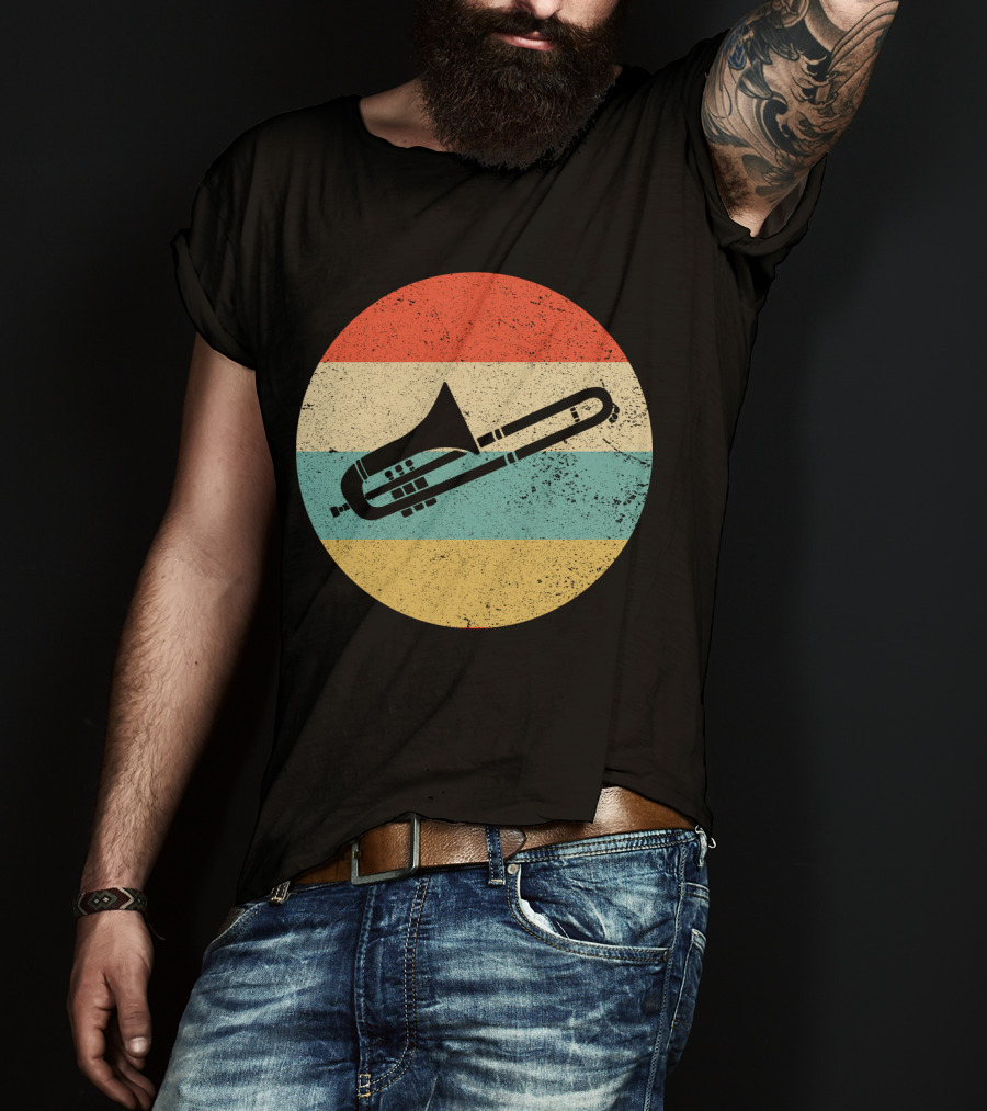 Vintage Retro Trombone Graphic On Striped Circle Background T-Shirt