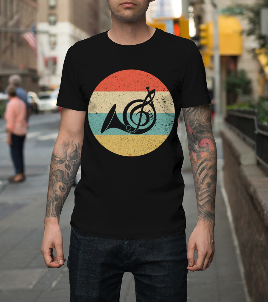 Vintage Retro Treble Clef French Horn Circle T-Shirt