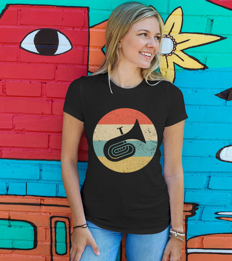 Vintage Retro Tuba Circle With Distressed Rainbow Stripes Background T-Shirt