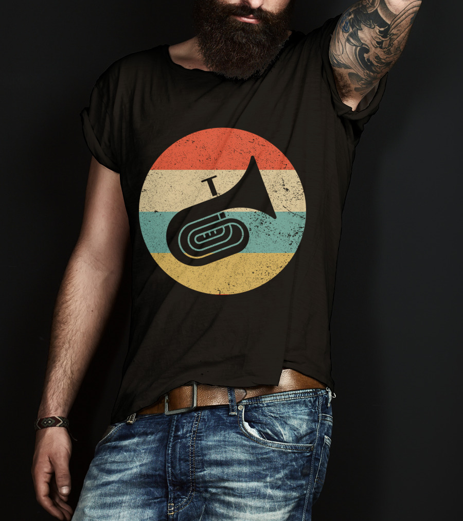Vintage Retro Tuba Circle With Distressed Rainbow Stripes Background T-Shirt