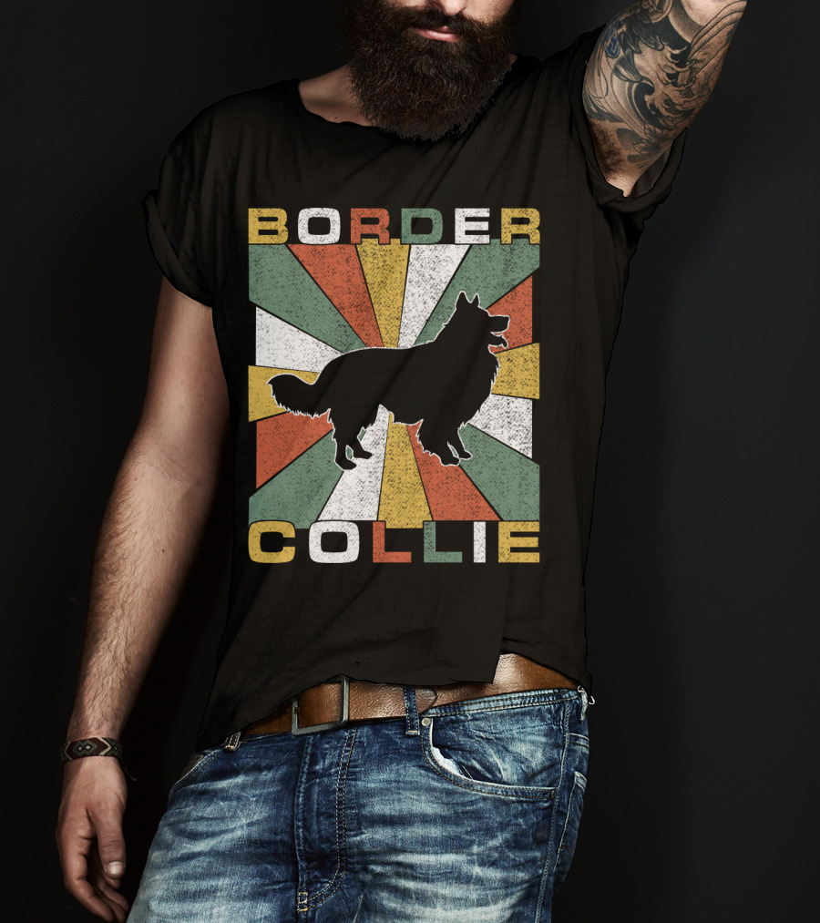 Border Collie Retro 70s Silhouette Radiant Stripes T-Shirt