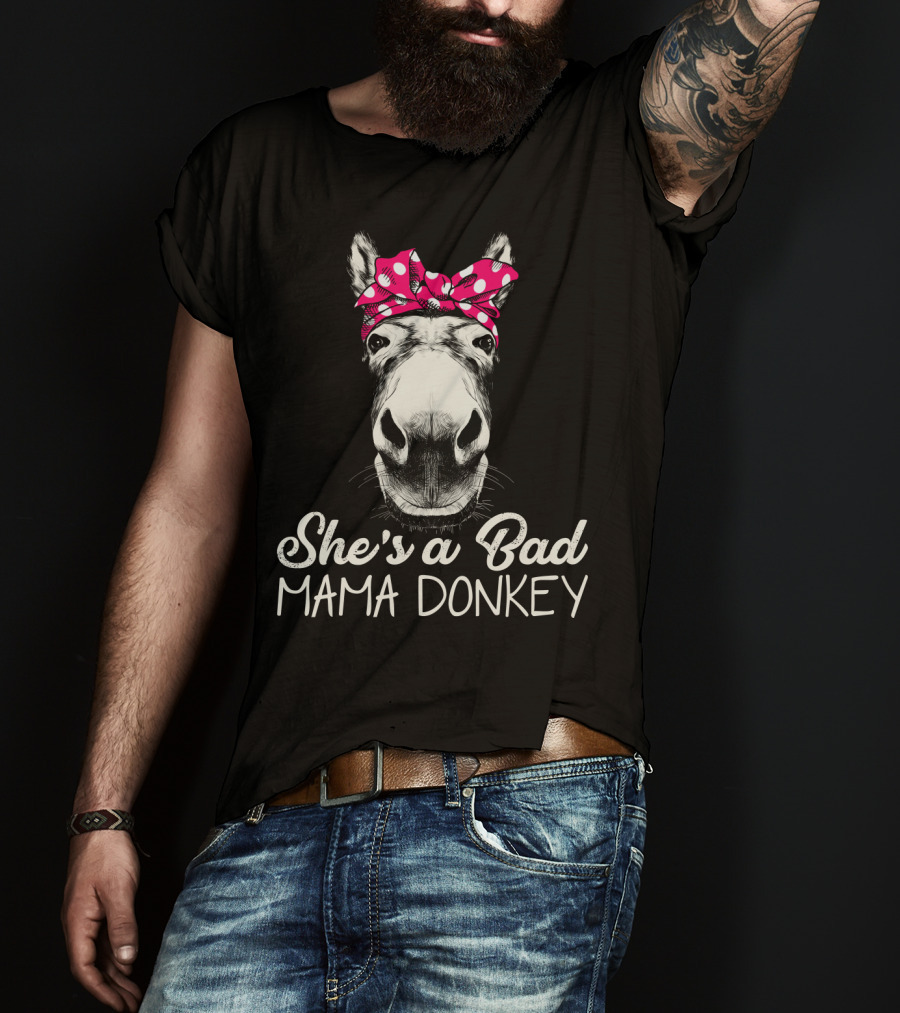 She's A Bad Mama Donkey With Pink Polka Dot Bandana T-Shirt
