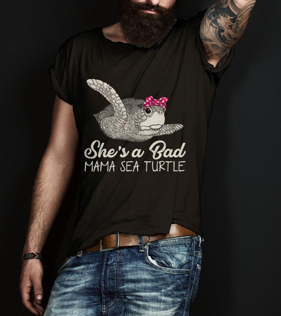 She's A Bad Mama Sea Turtle With Pink Polka Dot Bow T-Shirt