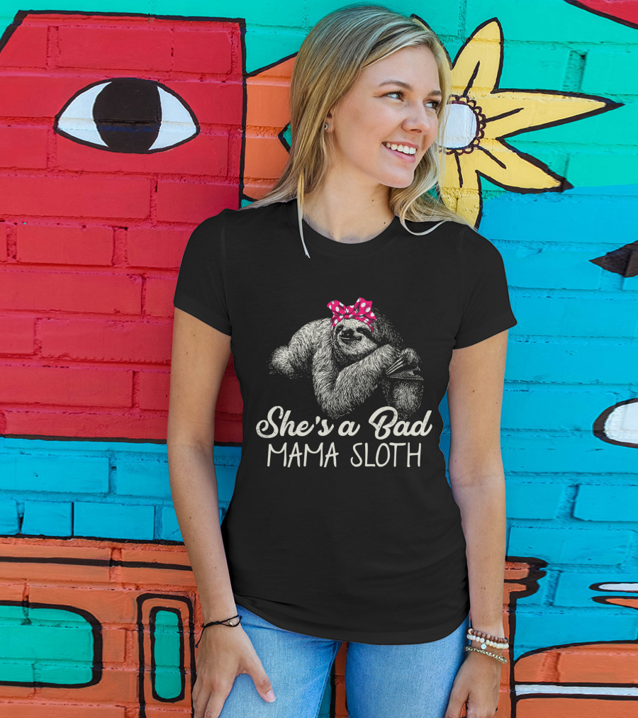 She's A Bad Mama Sloth Red Polka Dot Bow T-Shirt