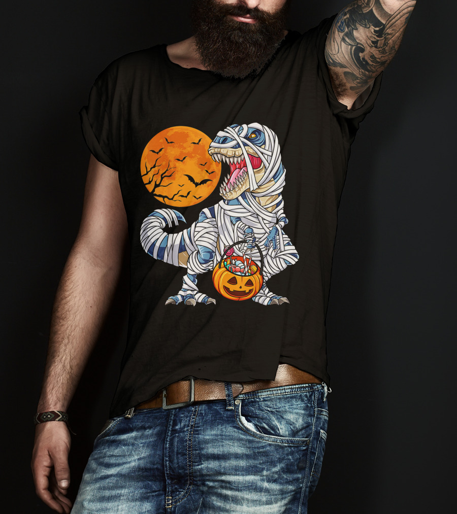 Halloween Dinosaur T-Rex Mummy Pumpkin Moon Bats T-Shirt