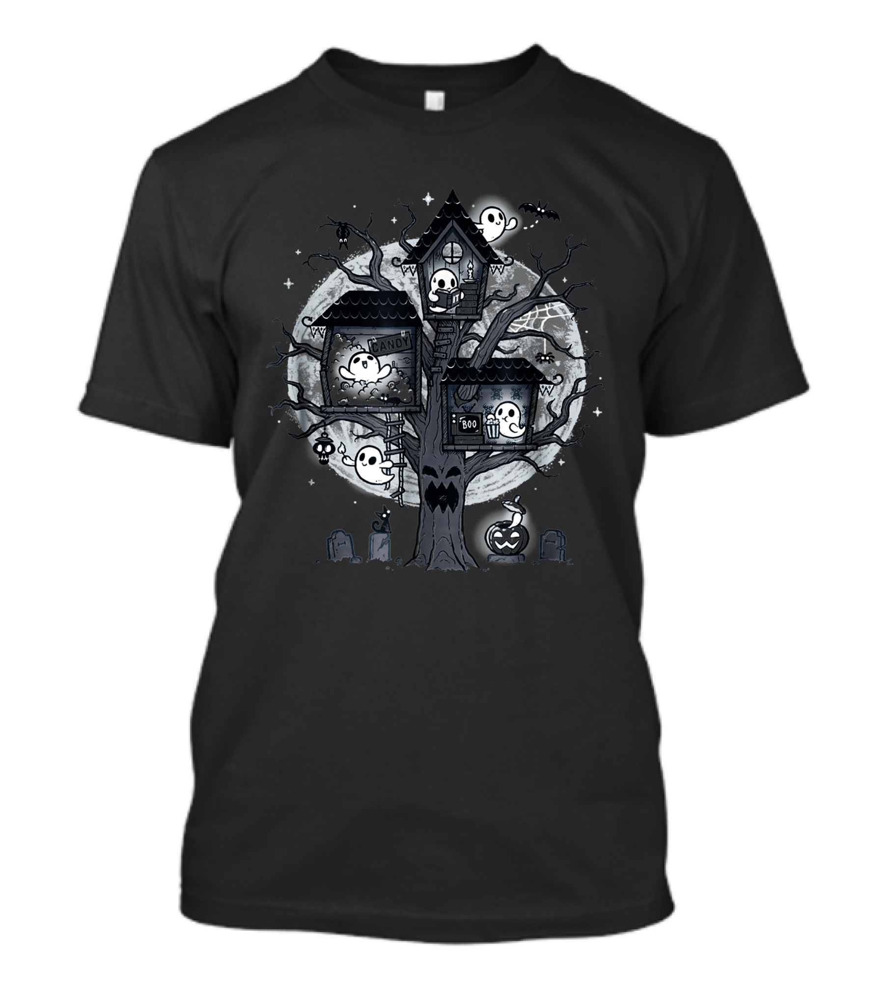 Halloween Clubhouse Spooky Treehouse With Ghosts Under Full Moon T-Shirt