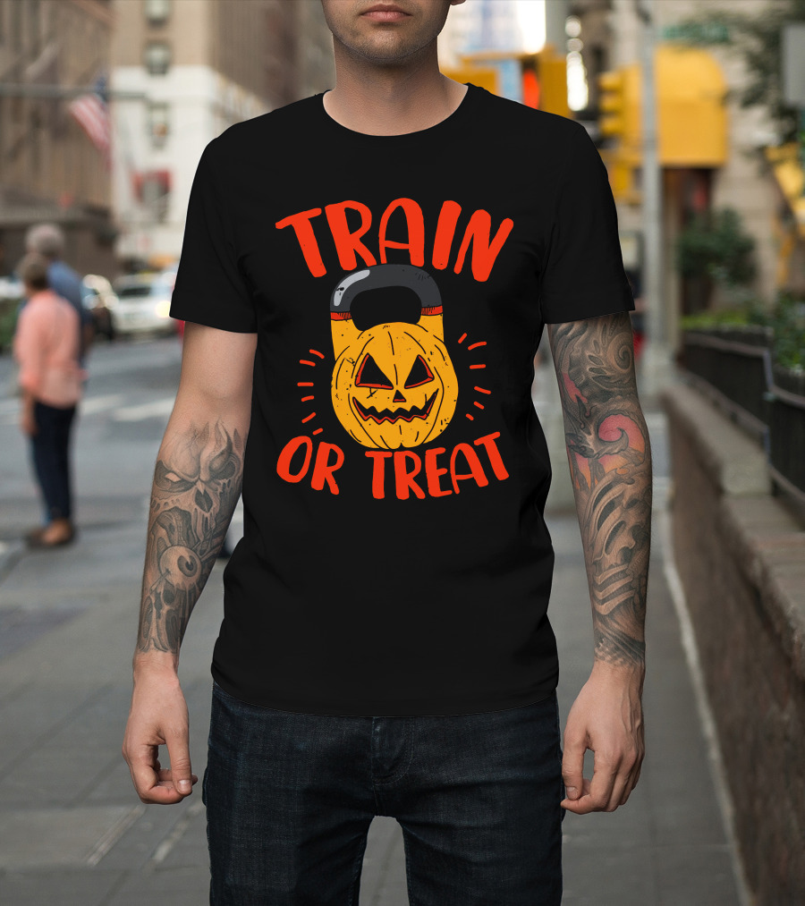 Train Or Treat Pumpkin Kettlebell T-Shirt