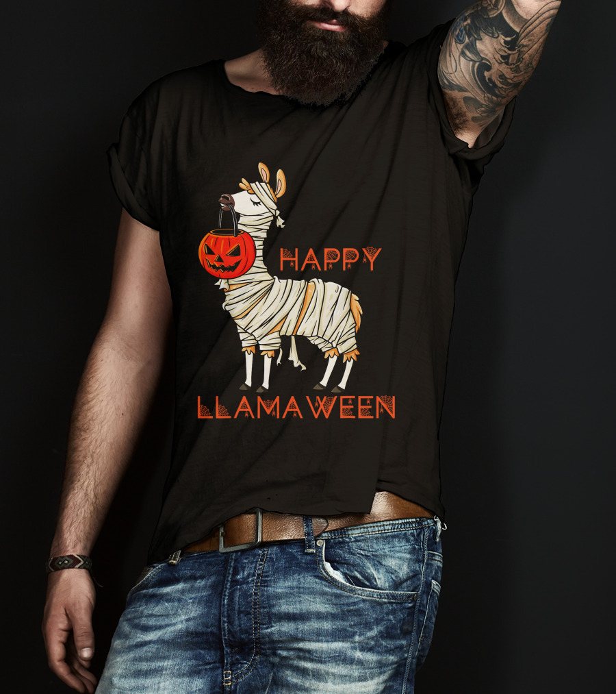 Happy Llamaween Funny Halloween Mummy Llama With Pumpkin Girls T-Shirt