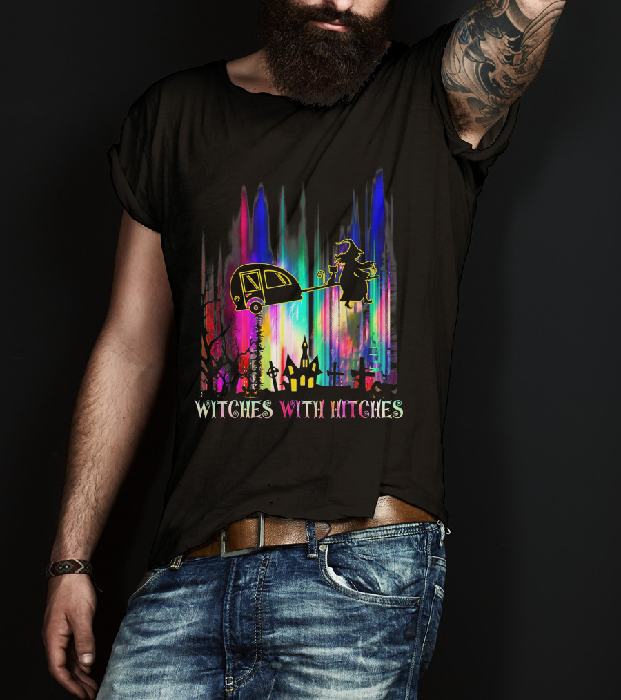 Witches With Hitches Halloween Camping Scene With Colorful Background T-Shirt