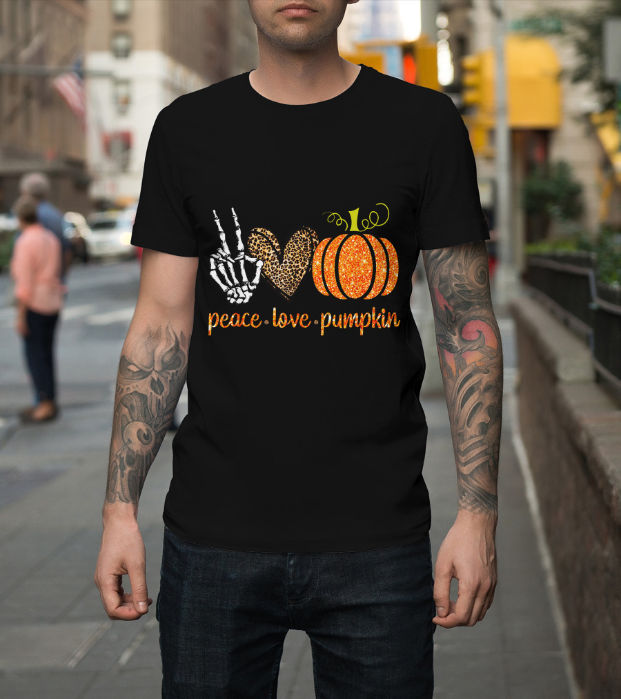 Peace Love Pumpkin Halloween Fall Girls Skeleton Leopard Print T-Shirt