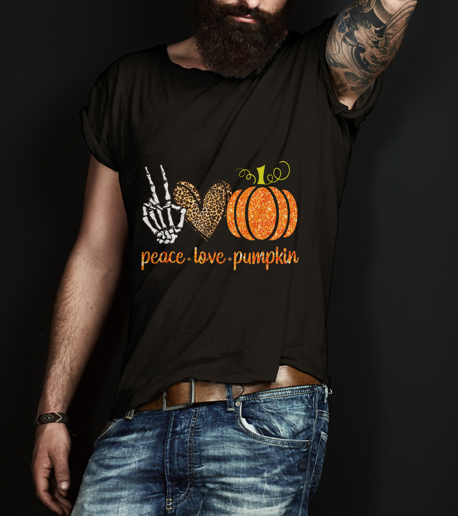 Peace Love Pumpkin Halloween Fall Girls Skeleton Leopard Print T-Shirt