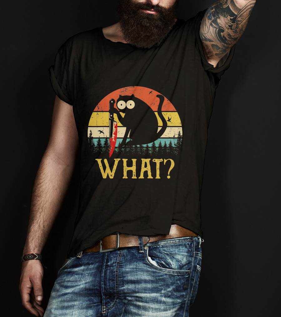 Black Cat What Retro Vintage Knife Sunset T-Shirt