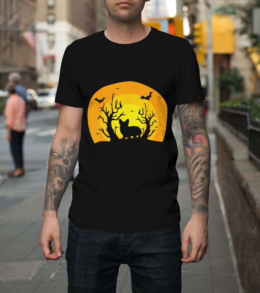 Corgi Dog Bat Halloween Silhouette With Moon And Trees T-Shirt
