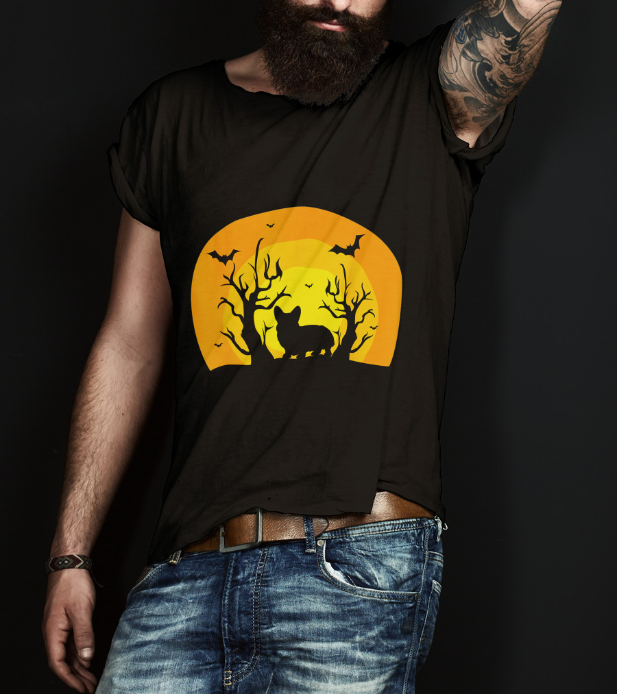 Corgi Dog Bat Halloween Silhouette With Moon And Trees T-Shirt