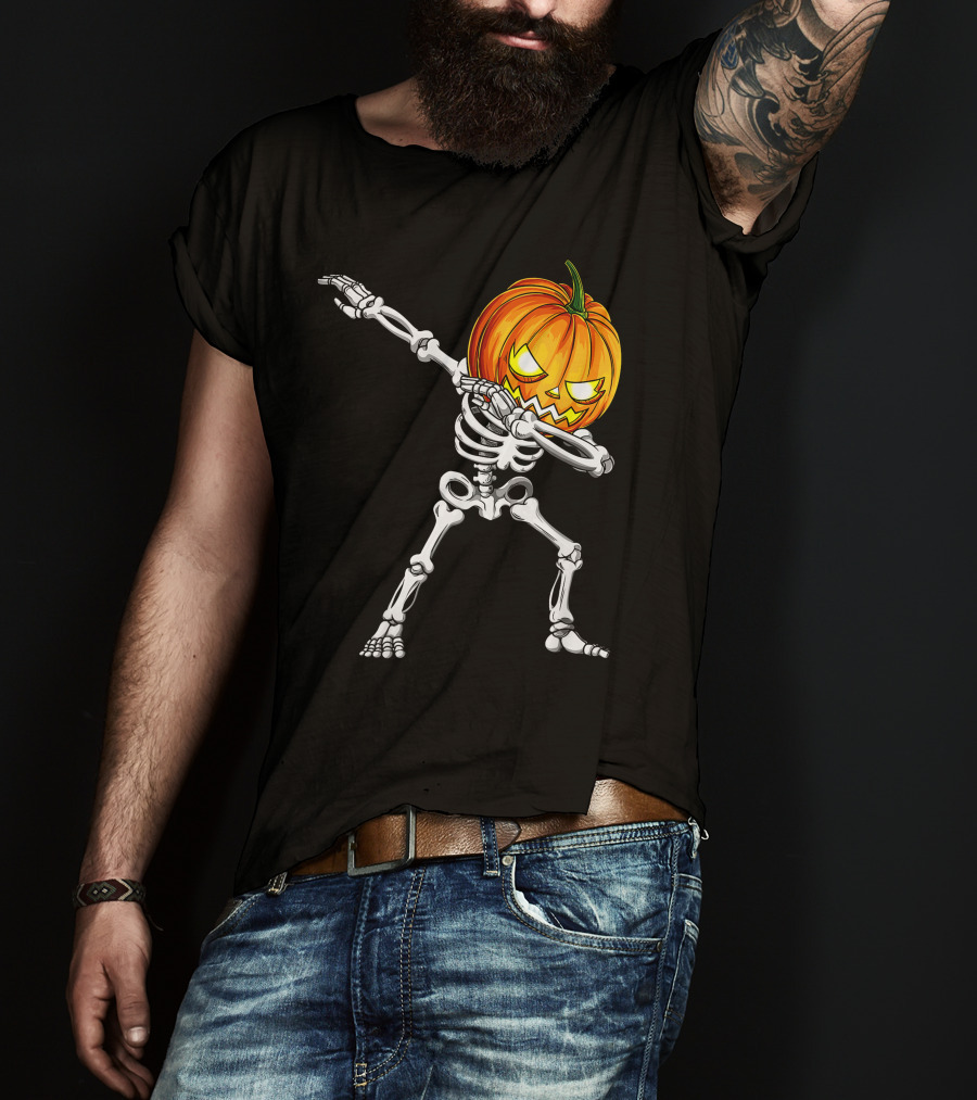 Halloween Dabbing Skeleton With Pumpkin Head T-Shirt