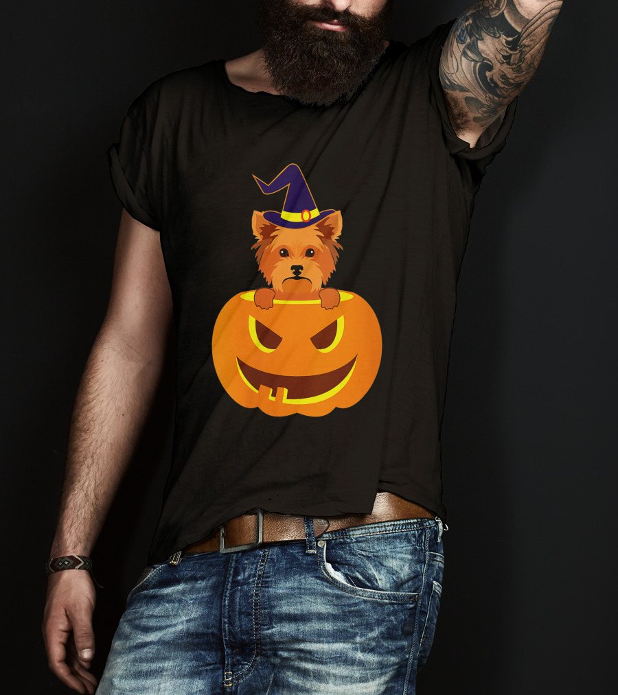 Yorkie Witch Hat Pumpkin Halloween Yorkshire Terrier T-Shirt
