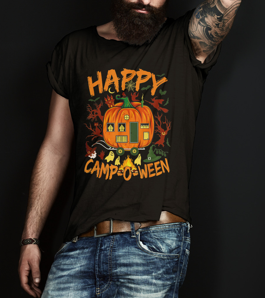 Happy Camp O Ween Funny Halloween Camping Camper Pumpkin Ghosts Witch Hat Spooky Fire T-Shirt