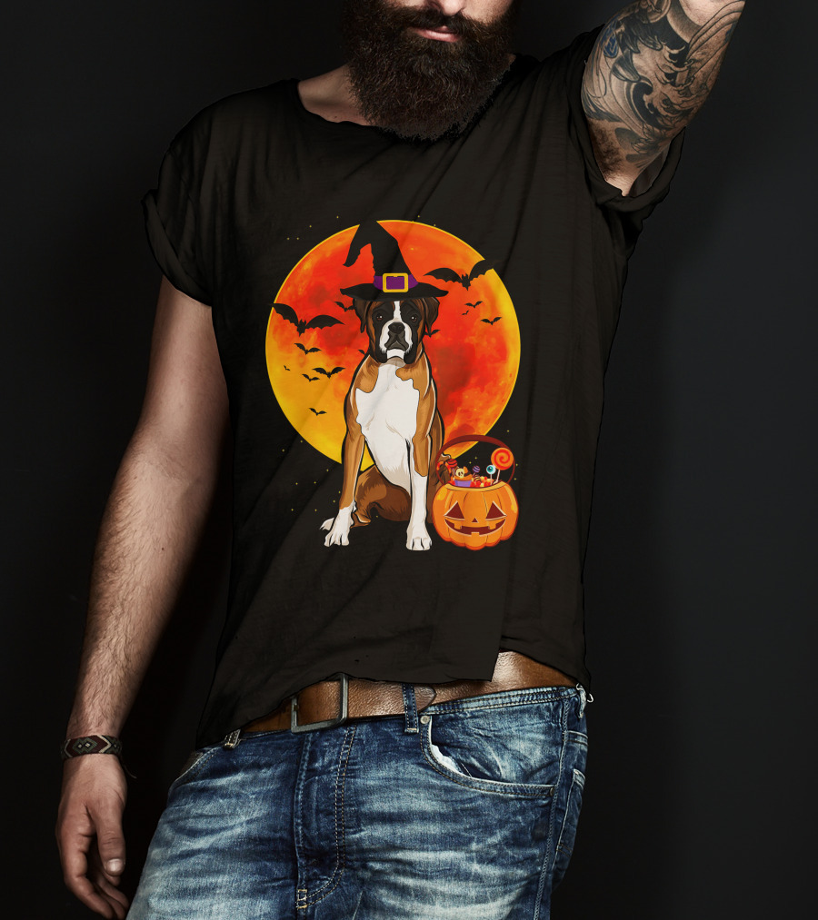 Boxer Dog With Witch Hat Pumpkin Full Moon Halloween Bats T-Shirt