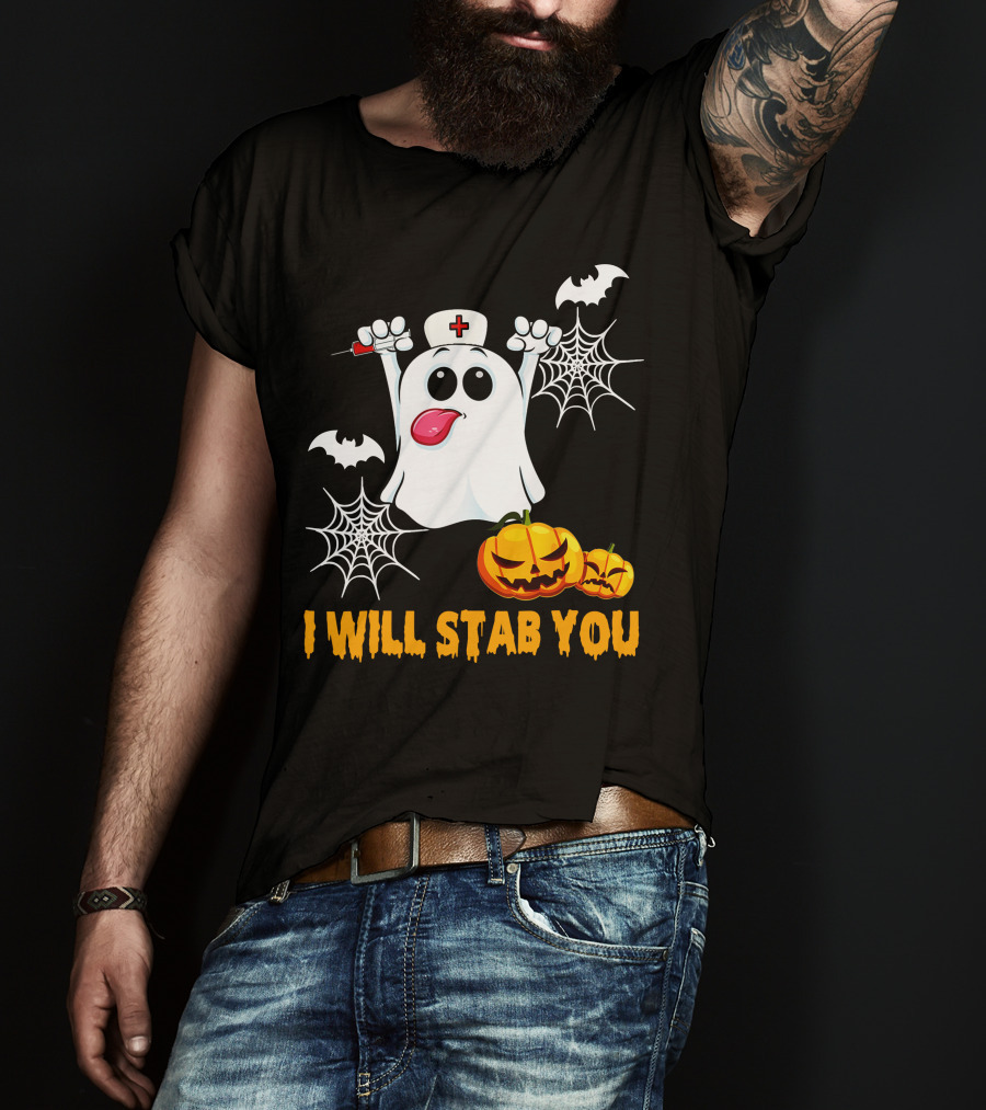 I Will Stab You Funny Nurse Ghost With Pumpkins And Bats T-Shirt