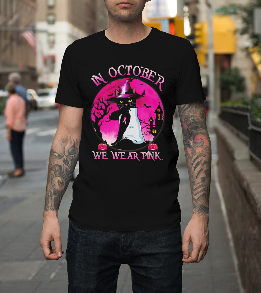 In October We Wear Pink Cat Halloween Pink Ribbon Moon Bats Jack O'Lanterns T-Shirt