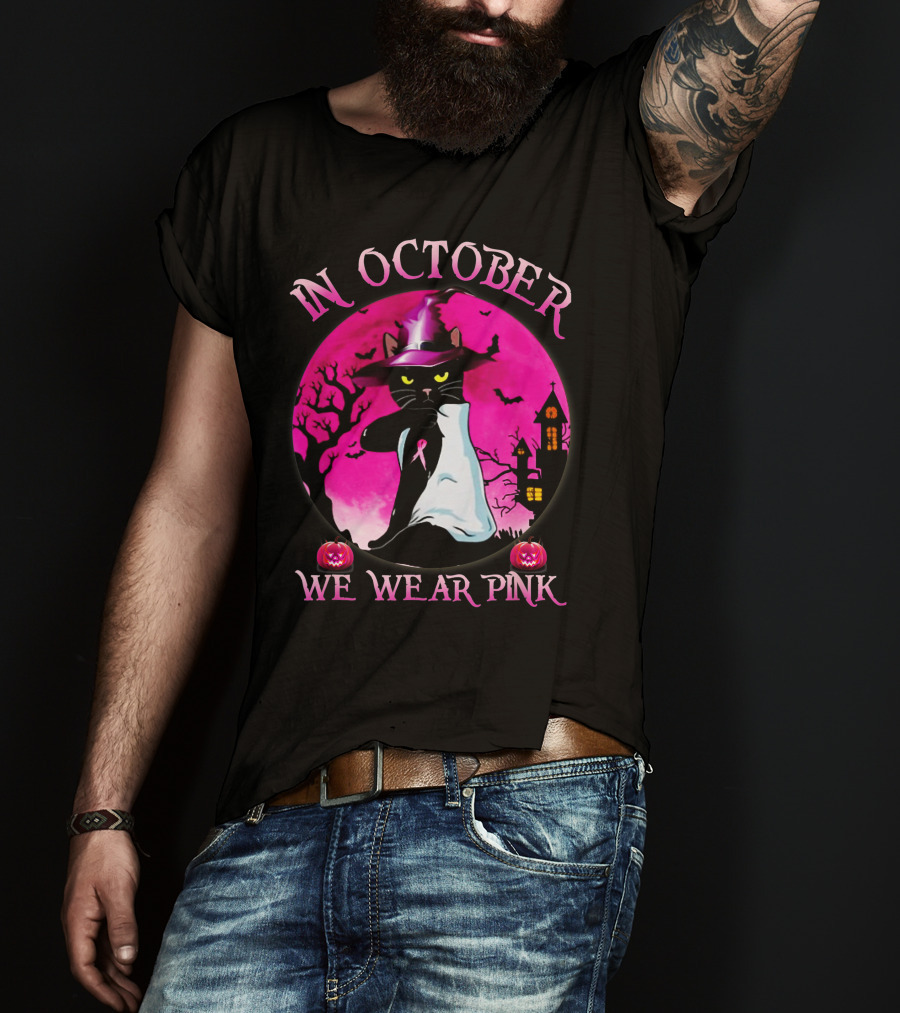 In October We Wear Pink Cat Halloween Pink Ribbon Moon Bats Jack O'Lanterns T-Shirt