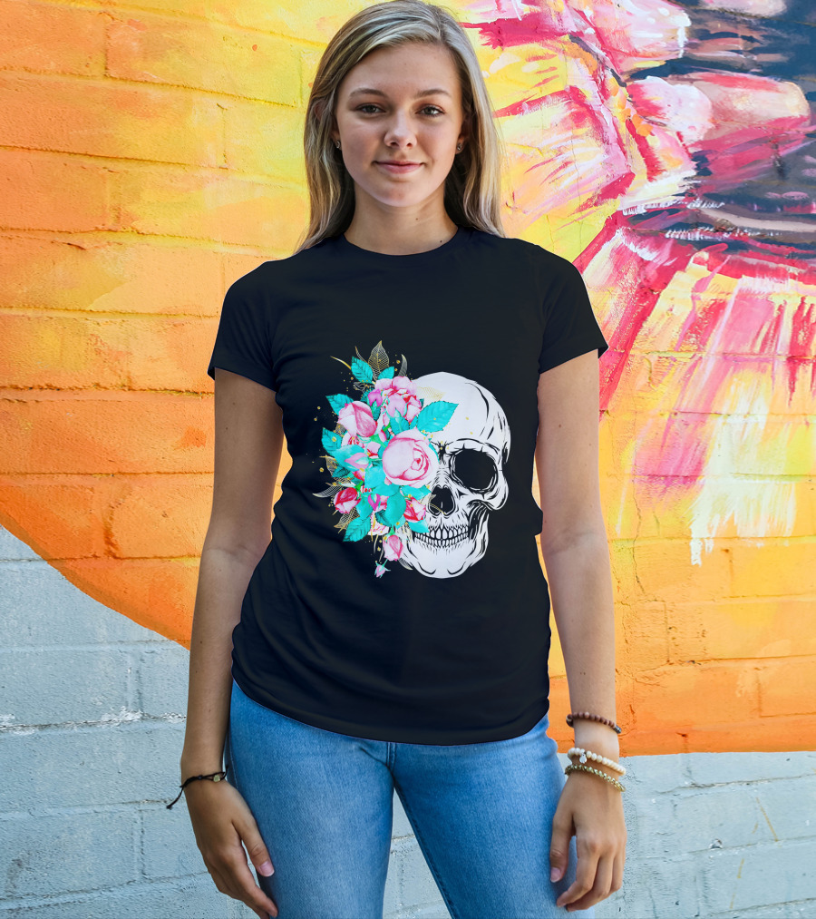Flower Skull Floral Fusion With Vintage Rose Elements T-Shirt