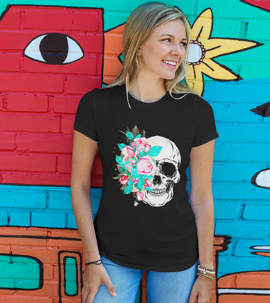 Flower Skull Floral Fusion With Vintage Rose Elements T-Shirt