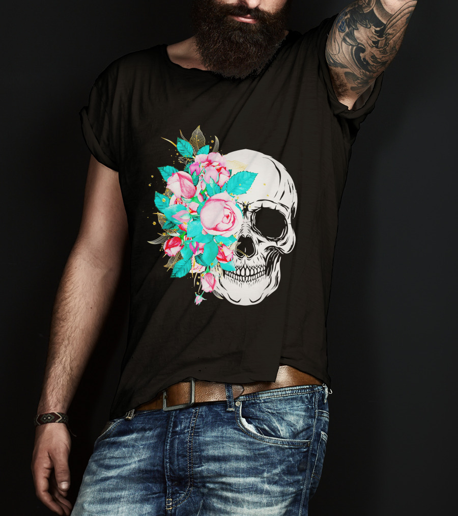 Flower Skull Floral Fusion With Vintage Rose Elements T-Shirt