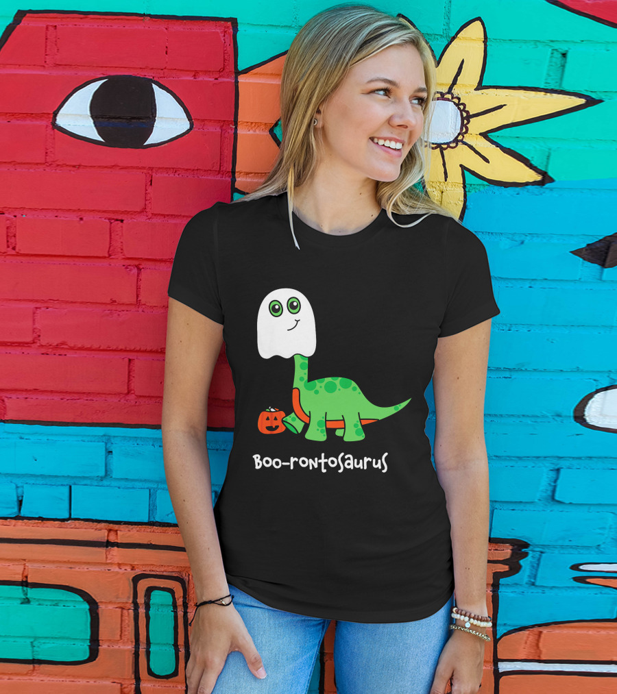 Boo-rontosaurus Ghost Dinosaur With Pumpkin Halloween Cute Funny Brontosaurus T-Shirt