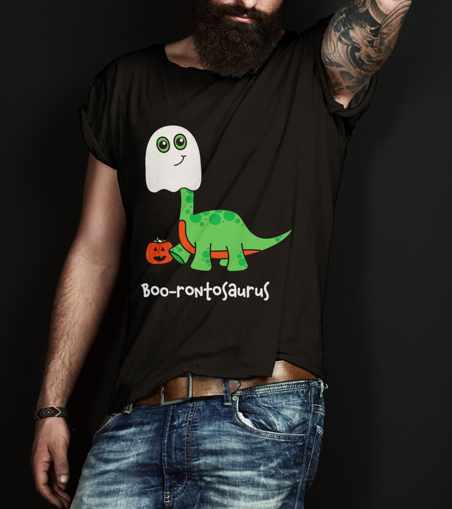 Boo-rontosaurus Ghost Dinosaur With Pumpkin Halloween Cute Funny Brontosaurus T-Shirt