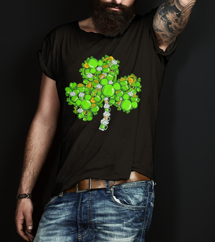 Shamrock Mickey Mouse St. Patrick's Day Beer Mugs And Gold Coins T-Shirt