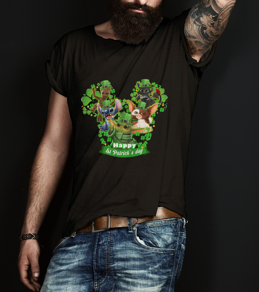 BBYD And Friends Happy St Patrick's Day Groot Gizmo Stitch Mandalorian Baby Yoda Toothless T-Shirt