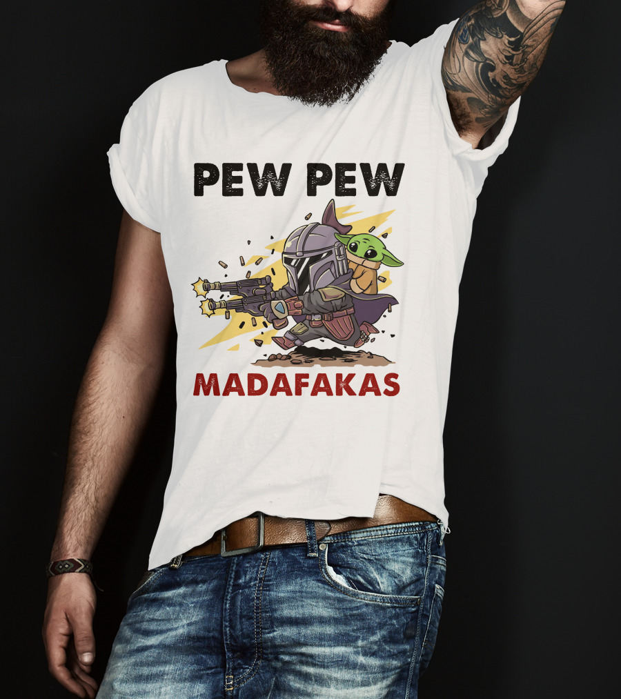 Pew Pew Madafakas Mandalorian Baby Yoda Gun Firing Scene T-Shirt