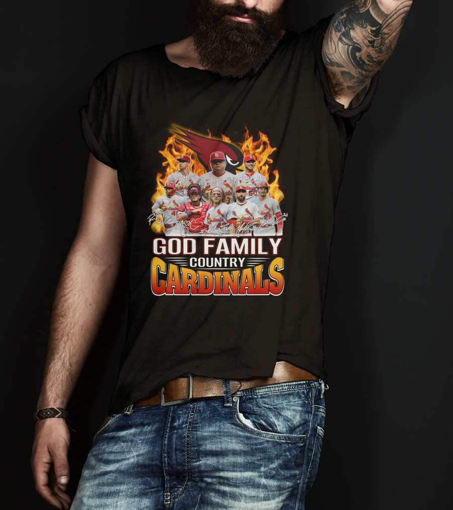 God Family Country Cardinals Baseball Team Fire Background T-Shirt