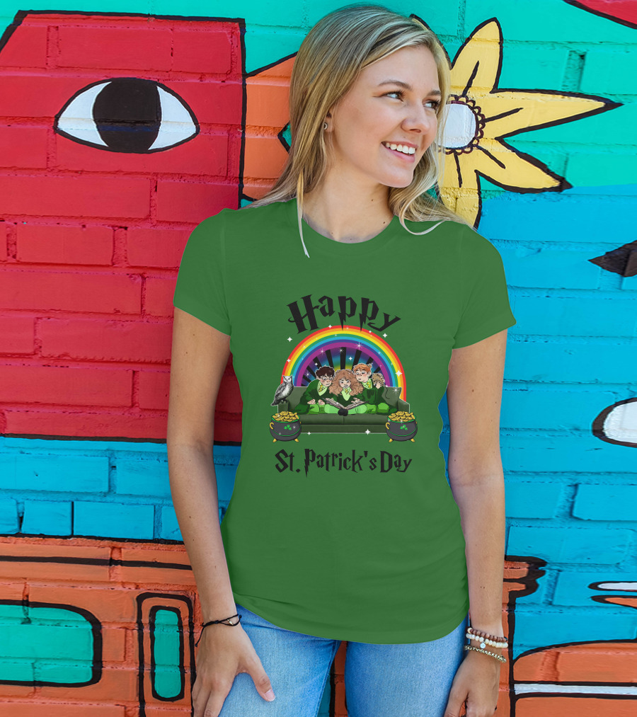 Happy St. Patrick's Day With Rainbow And Green Characters On Couch T-Shirt