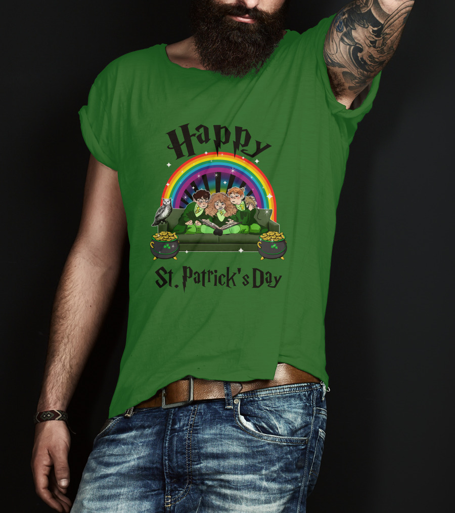 Happy St. Patrick's Day With Rainbow And Green Characters On Couch T-Shirt