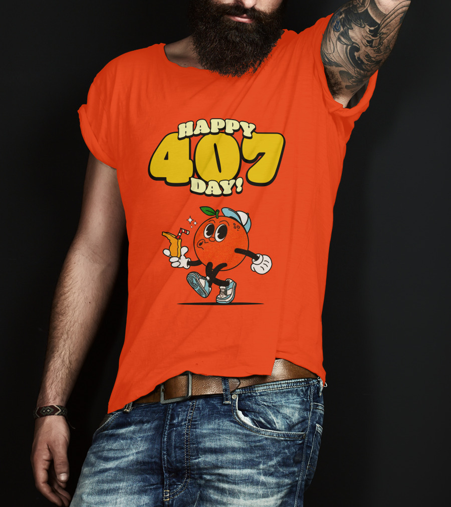 Happy 407 Day Orlando Orange Character With Drink And Sneakers T-Shirt