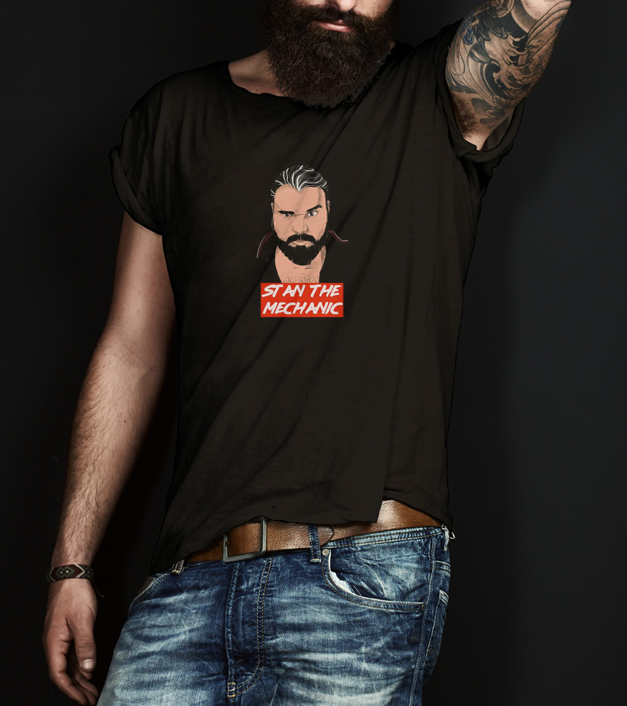 Stan The Mechanic Red Text Illustration With Bearded Character T-Shirt