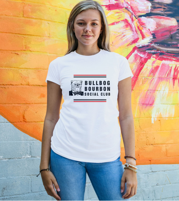 Bulldog Bourbon Social Club Classic Black And White Bulldog Illustration With Red Stripes T-Shirt