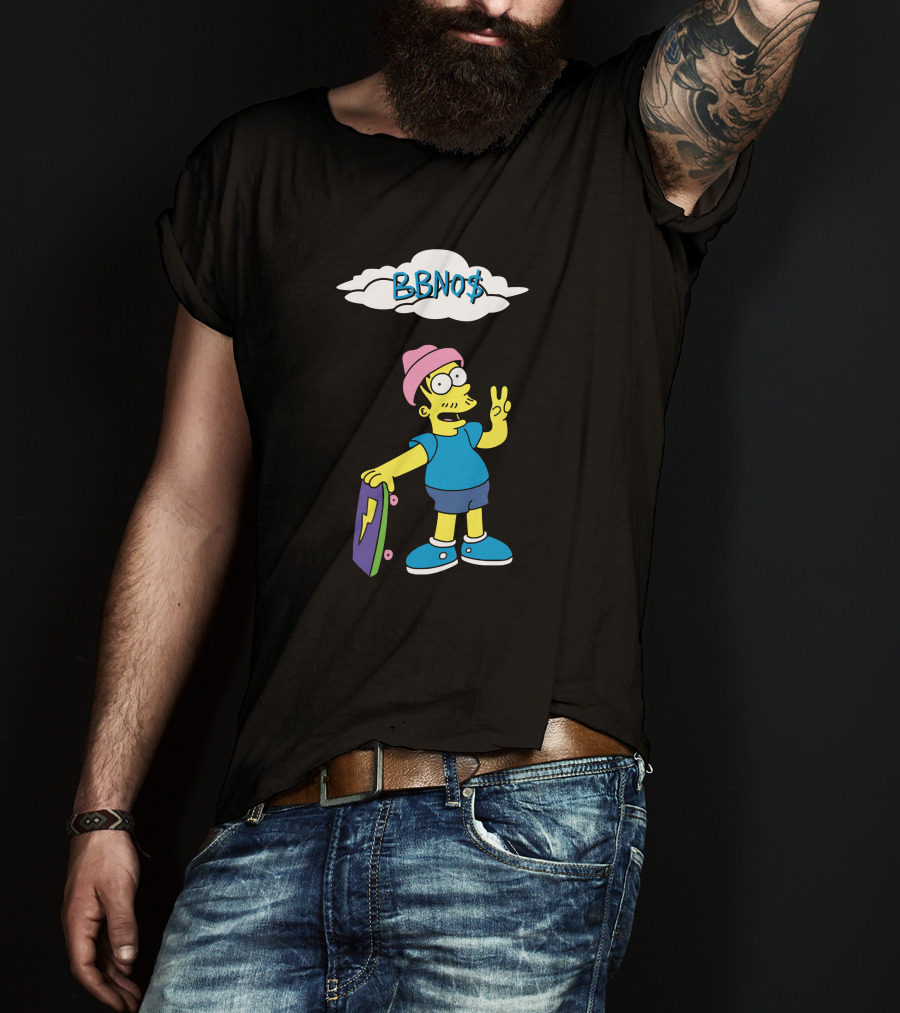 BBNO$ Cartoon Character With Skateboard And Peace Sign T-Shirt