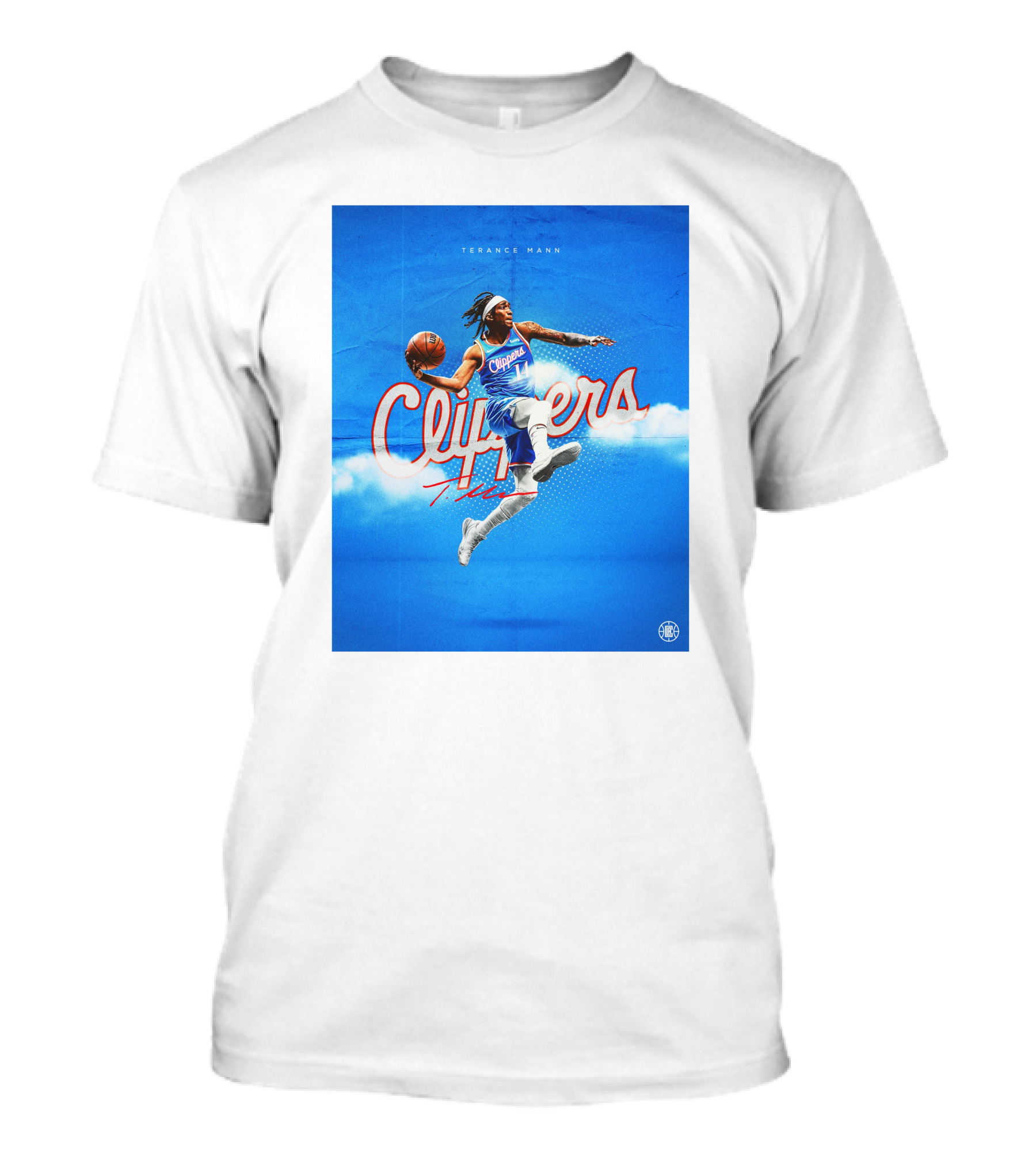 Terance Mann Clippers Basketball Motion Dribble Blue Clouds T-Shirt