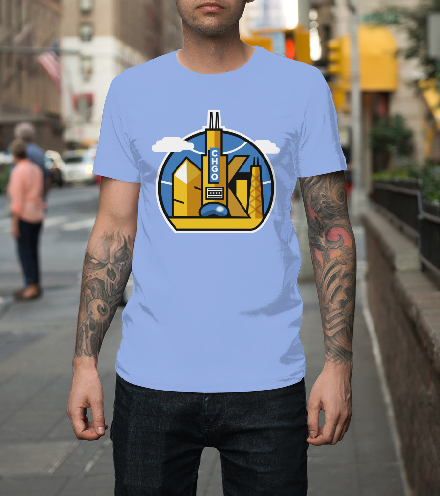 CHGO Skyline Blue Skies Sports Icon with Landmarks T-Shirt