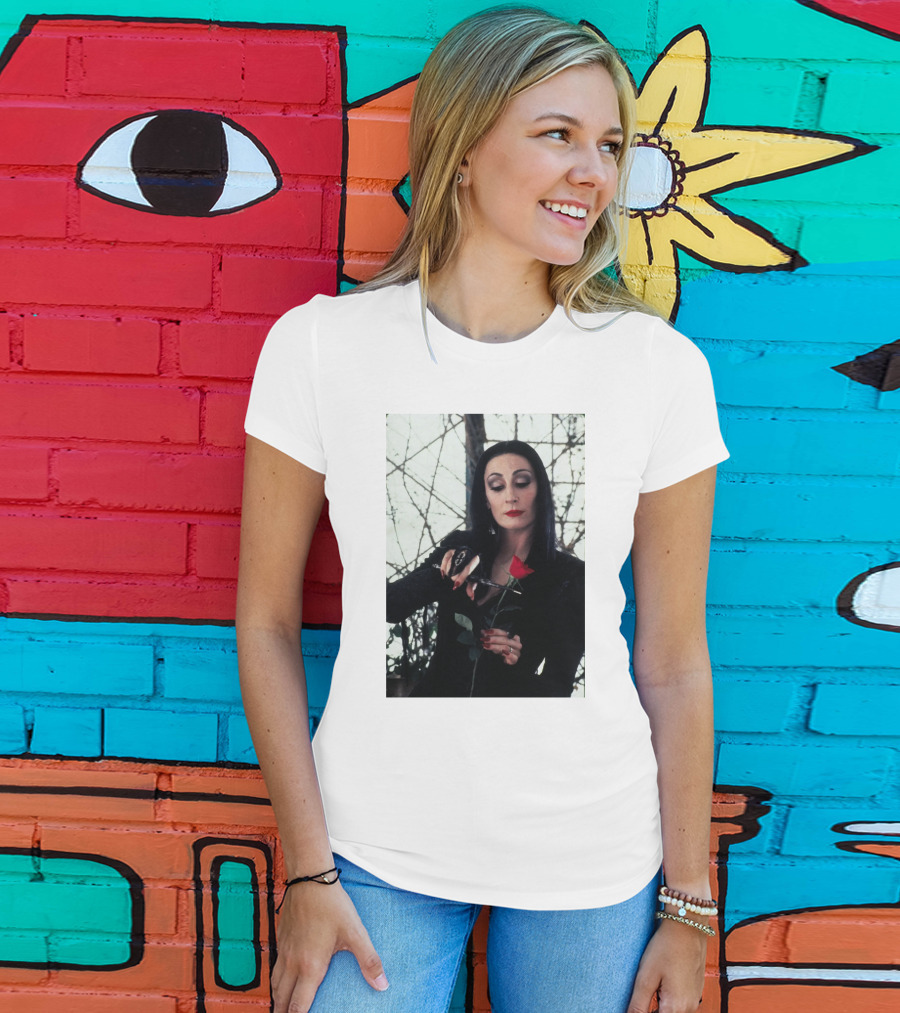 Morticia Addams Anjelica Huston Cutting Rose Scene T-Shirt
