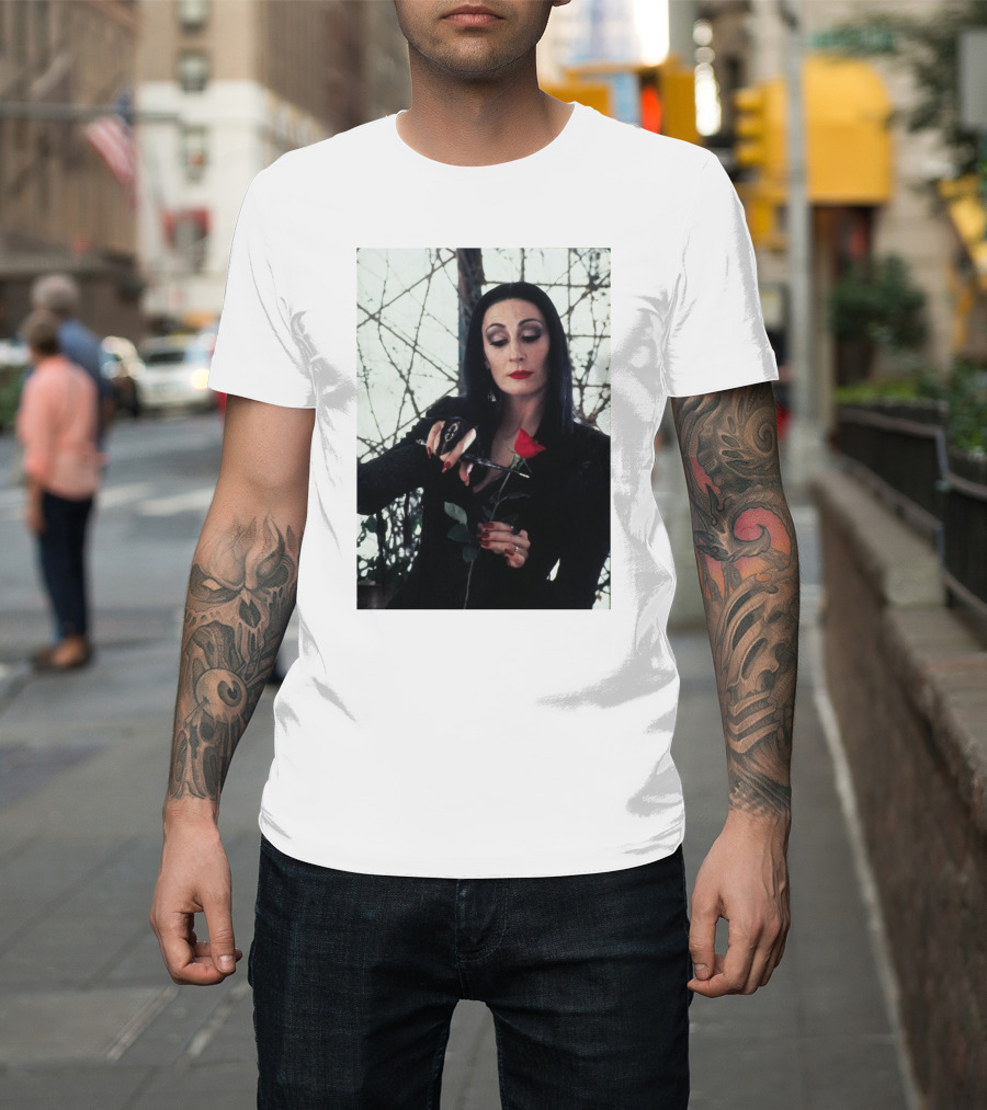 Morticia Addams Anjelica Huston Cutting Rose Scene T-Shirt